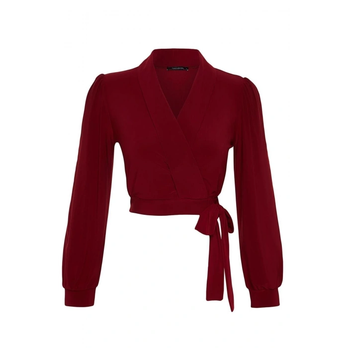 Style Womens Double Breasted Closed Flexible Blouse Crop Knitted Regular Pattern Balloon Sleeve