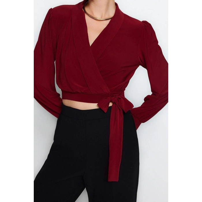 Style Womens Double Breasted Closed Flexible Blouse Crop Knitted Regular Pattern Balloon Sleeve