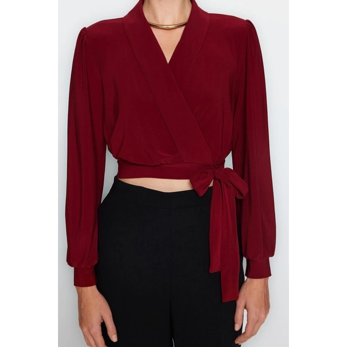 Style Womens Double Breasted Closed Flexible Blouse Crop Knitted Regular Pattern Balloon Sleeve
