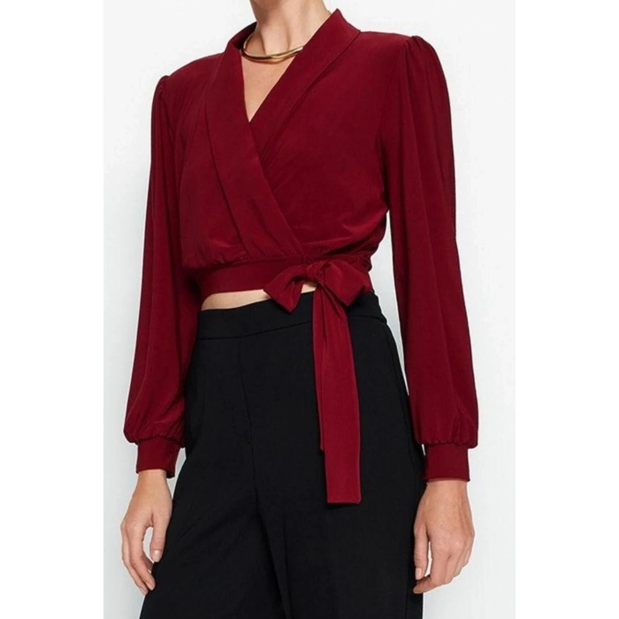 Style Womens Double Breasted Closed Flexible Blouse Crop Knitted Regular Pattern Balloon Sleeve