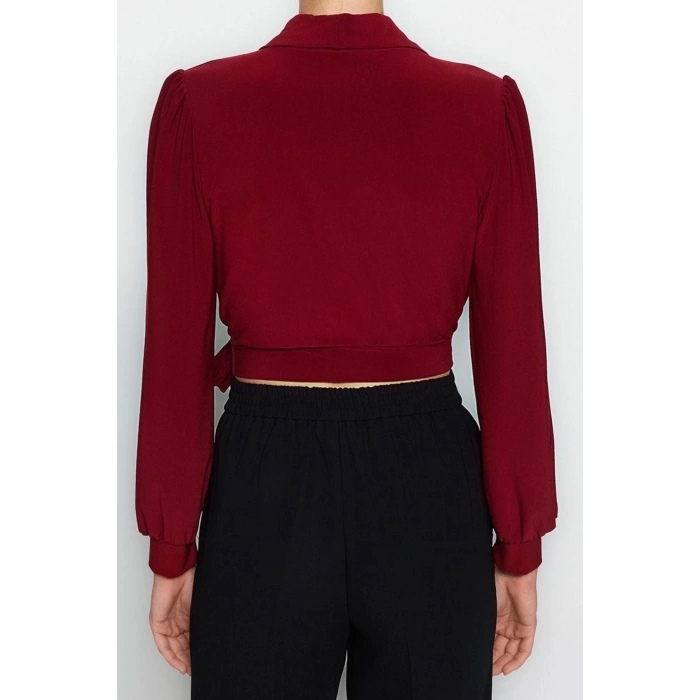 Style Womens Double Breasted Closed Flexible Blouse Crop Knitted Regular Pattern Balloon Sleeve