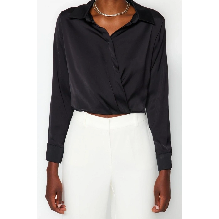 Stil Kadın Saten Bluz Crop Dokuma Regular Kalıp
