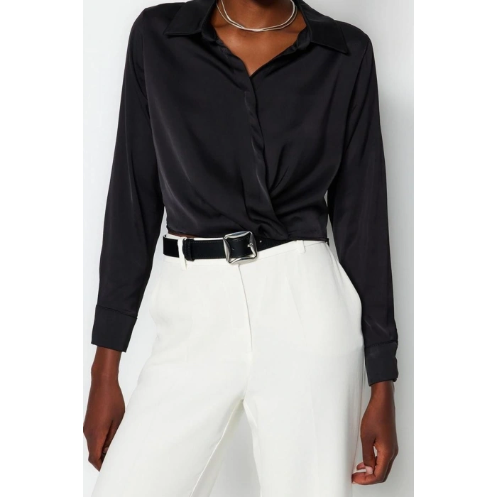 Stil Kadın Saten Bluz Crop Dokuma Regular Kalıp