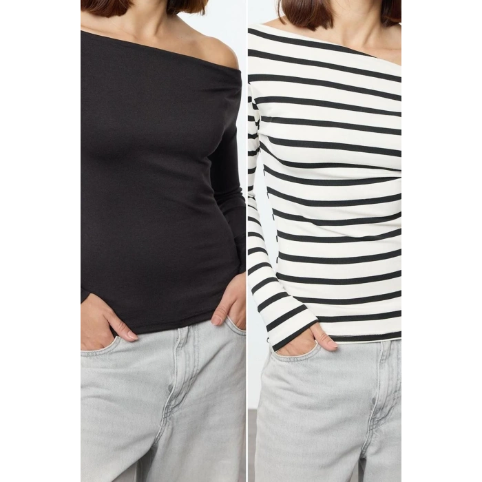 Style Women Soft Touch Soft Fabric Body-fitting Flexible Blouse Regular Knitted Slim Pattern Low Sleeve