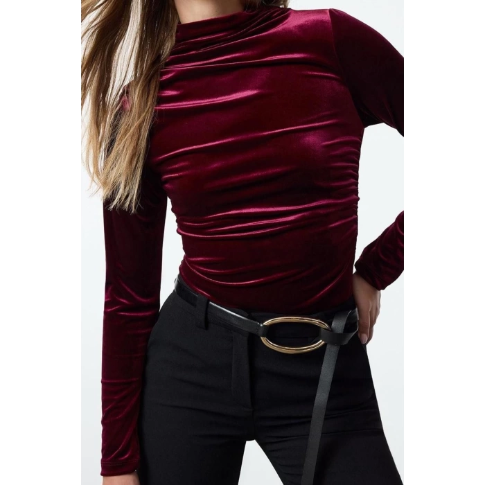 Style Women Velvet Draped Fitted Body-Sit Long Blouse Regular Knitted Slim Pattern
