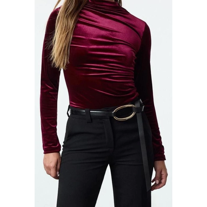 Style Women Velvet Draped Fitted Body-Sit Long Blouse Regular Knitted Slim Pattern