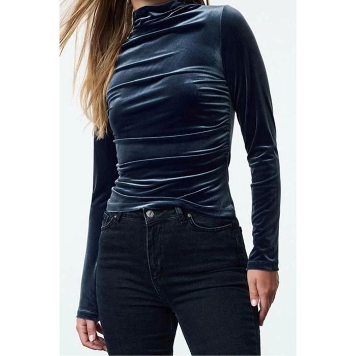 Style Women Velvet Draped Fitted Body-Sit Long Blouse Regular Knitted Slim Pattern