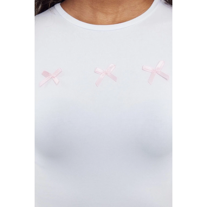 Style Women Bow Detail Short Body-Sit Blouse Crop Knitted Slim Pattern
