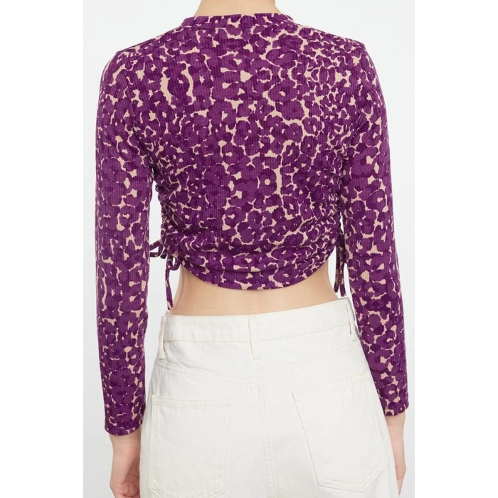 Style Women Printed Fitted Gather Drape Detailed Flexible Blouse Standard Knitted Slim Pattern