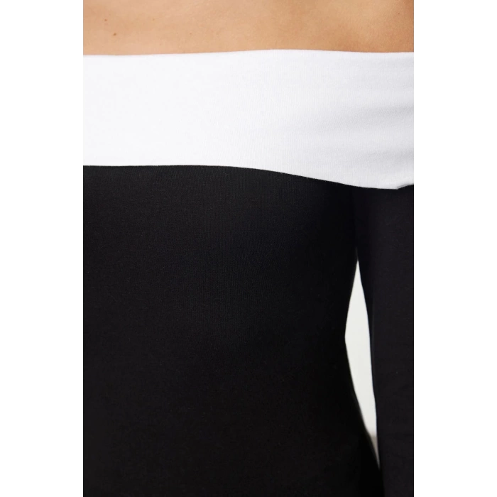Style Women - White Cotton Short Blouse Crop Knitted Slim Pattern Low Sleeve