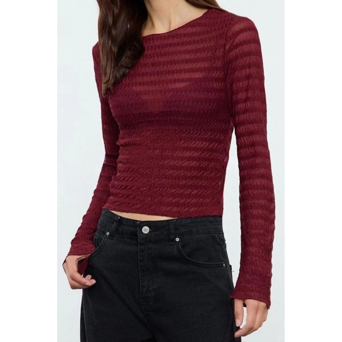 Stil Kadın Fitted Vücuda Oturan Dokulu Tül Esnek Bluz Regular Örme Slim Kalıp