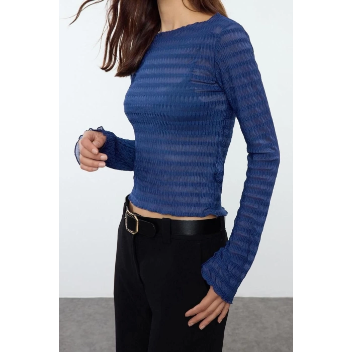 Stil Kadın Fitted Vücuda Oturan Dokulu Tül Esnek Bluz Regular Örme Slim Kalıp