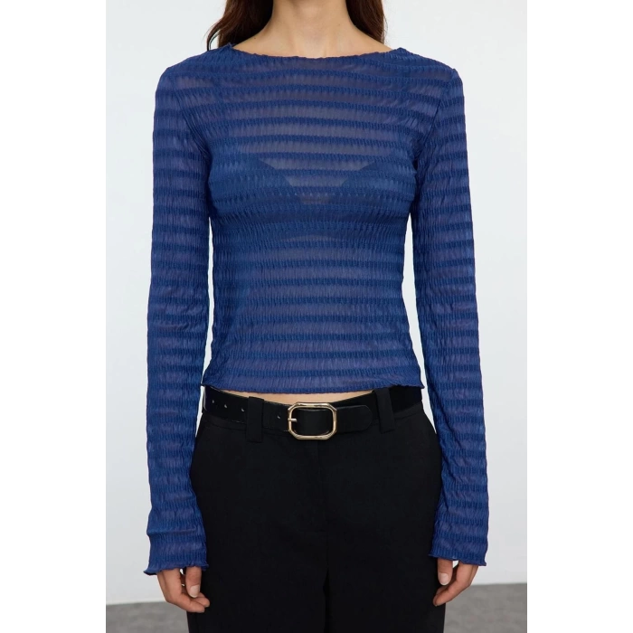 Stil Kadın Fitted Vücuda Oturan Dokulu Tül Esnek Bluz Regular Örme Slim Kalıp