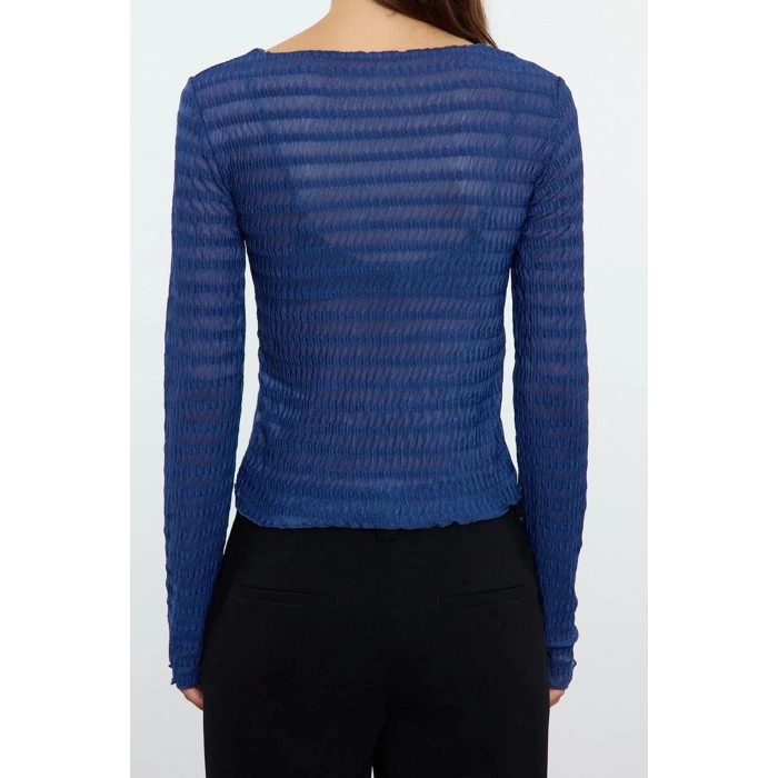 Stil Kadın Fitted Vücuda Oturan Dokulu Tül Esnek Bluz Regular Örme Slim Kalıp