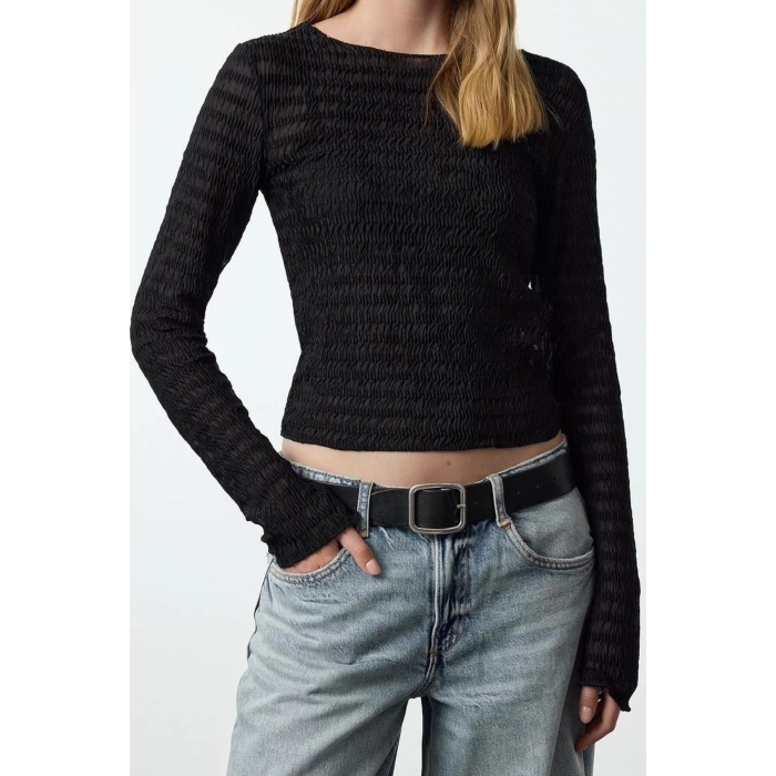 Stil Kadın Fitted Vücuda Oturan Dokulu Tül Esnek Bluz Regular Örme Slim Kalıp