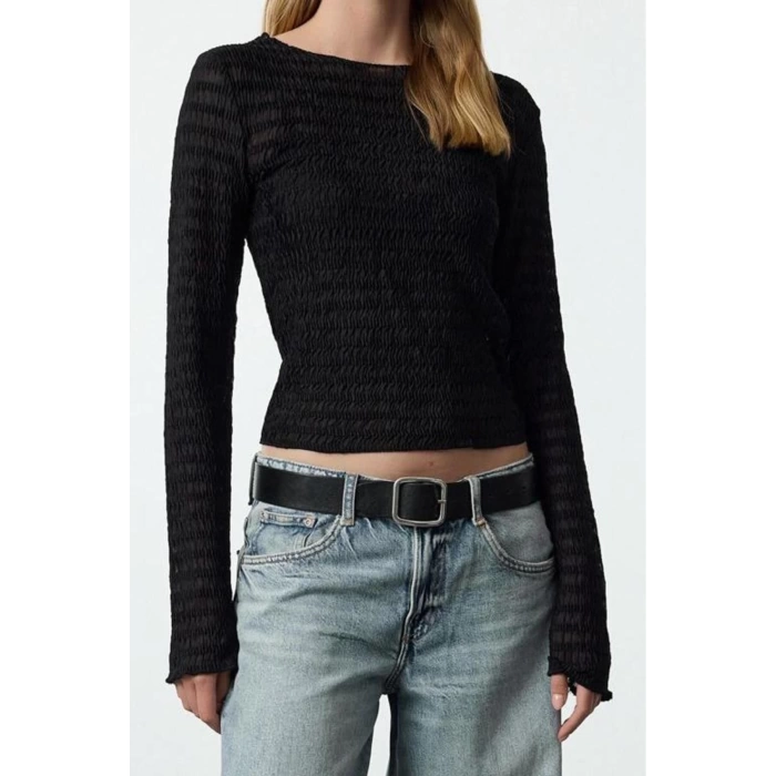 Stil Kadın Fitted Vücuda Oturan Dokulu Tül Esnek Bluz Regular Örme Slim Kalıp