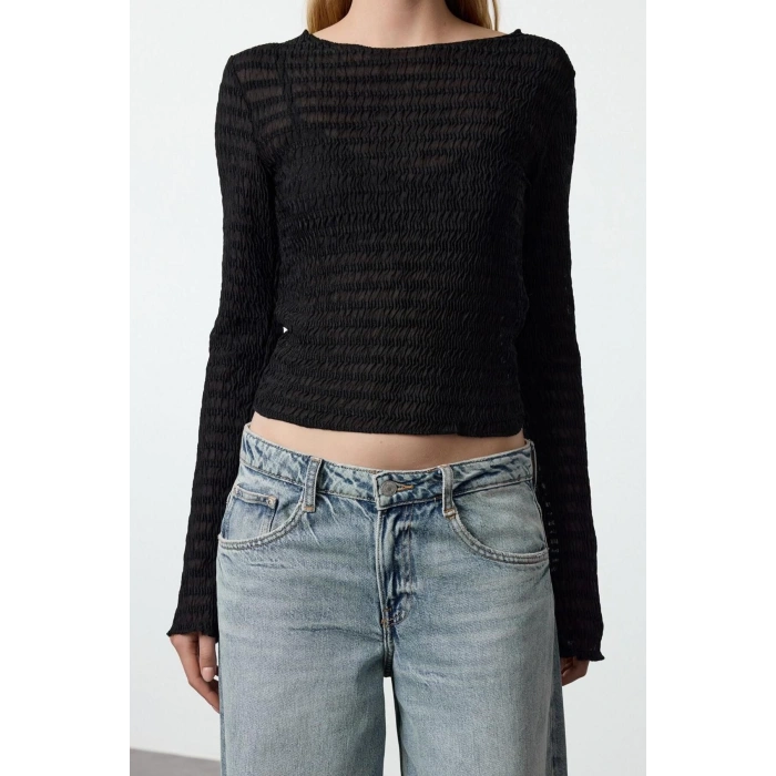 Stil Kadın Fitted Vücuda Oturan Dokulu Tül Esnek Bluz Regular Örme Slim Kalıp