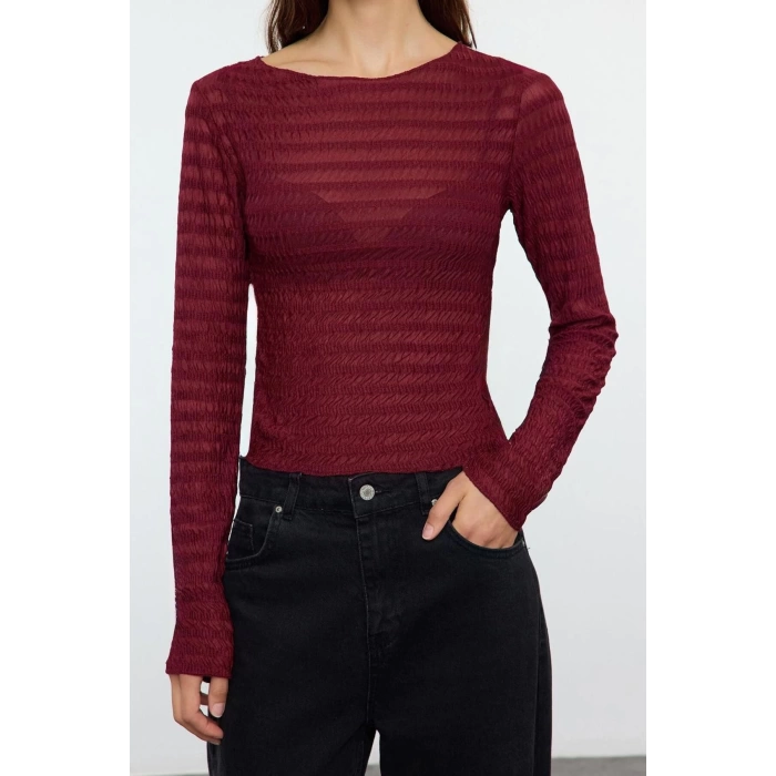 Stil Kadın Fitted Vücuda Oturan Dokulu Tül Esnek Bluz Regular Örme Slim Kalıp