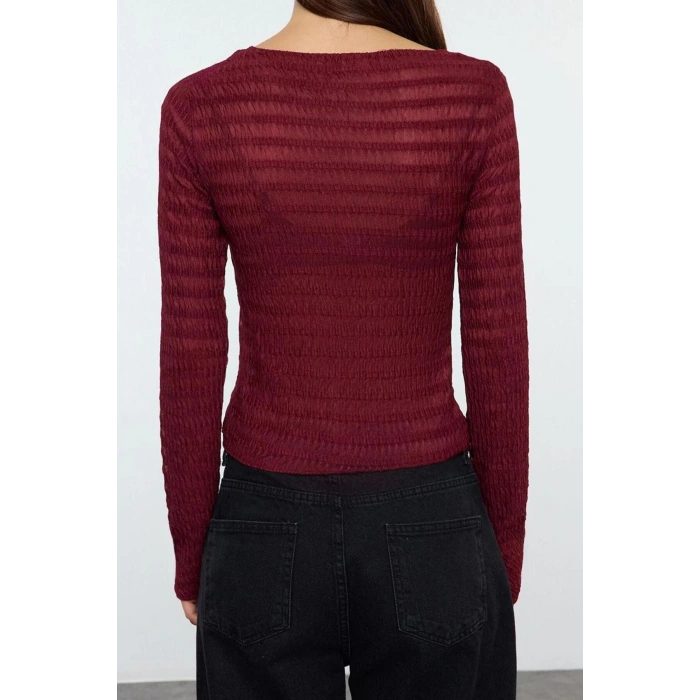 Stil Kadın Fitted Vücuda Oturan Dokulu Tül Esnek Bluz Regular Örme Slim Kalıp