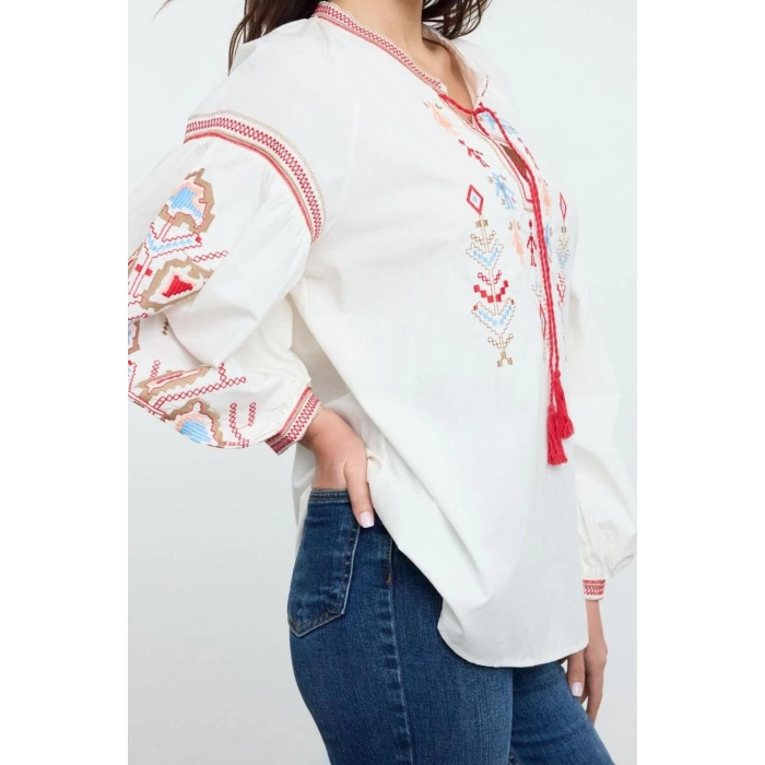Style Womens Embroidered Neck Tie Detail Blouse Standard Woven Regular Pattern Balloon Sleeve