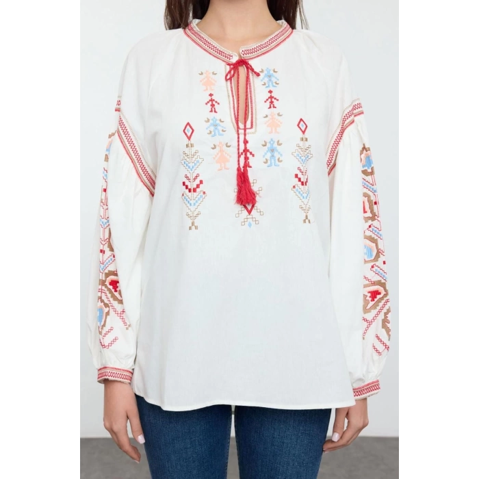 Style Womens Embroidered Neck Tie Detail Blouse Standard Woven Regular Pattern Balloon Sleeve
