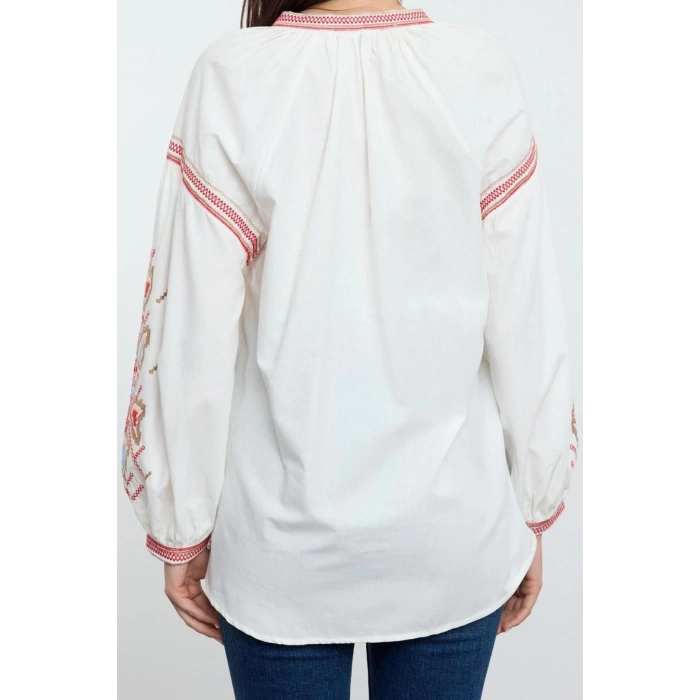 Style Womens Embroidered Neck Tie Detail Blouse Standard Woven Regular Pattern Balloon Sleeve