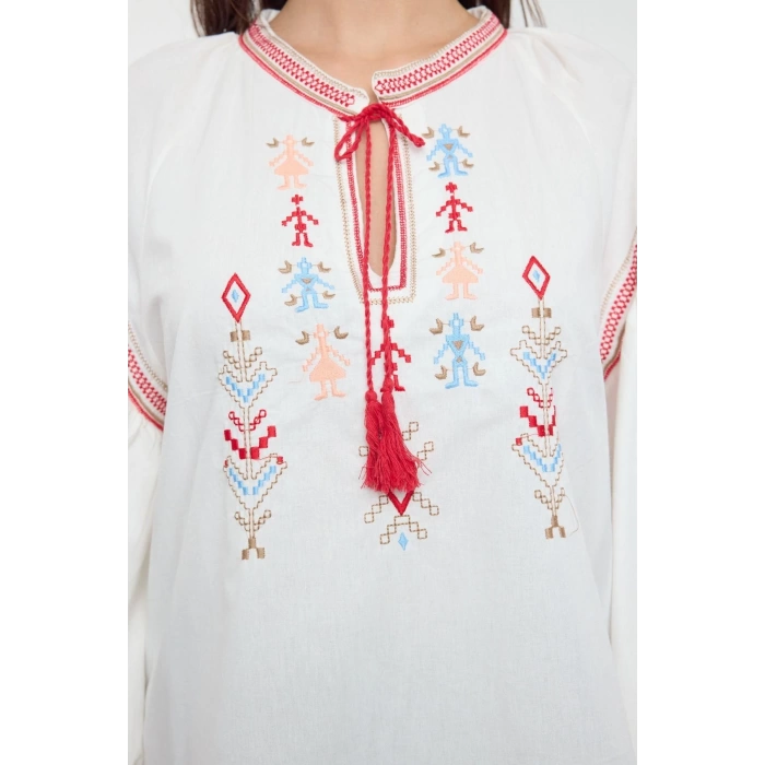 Style Womens Embroidered Neck Tie Detail Blouse Standard Woven Regular Pattern Balloon Sleeve