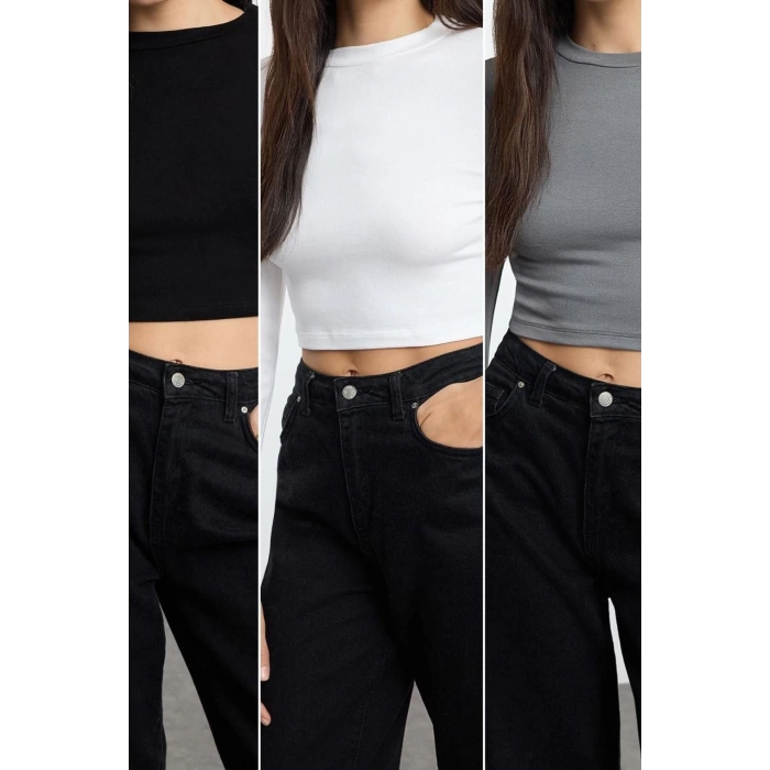 Style Women Black-White-Anthracite 3-Pack Body-Sit Blouse Crop Knitted Fitted Pattern