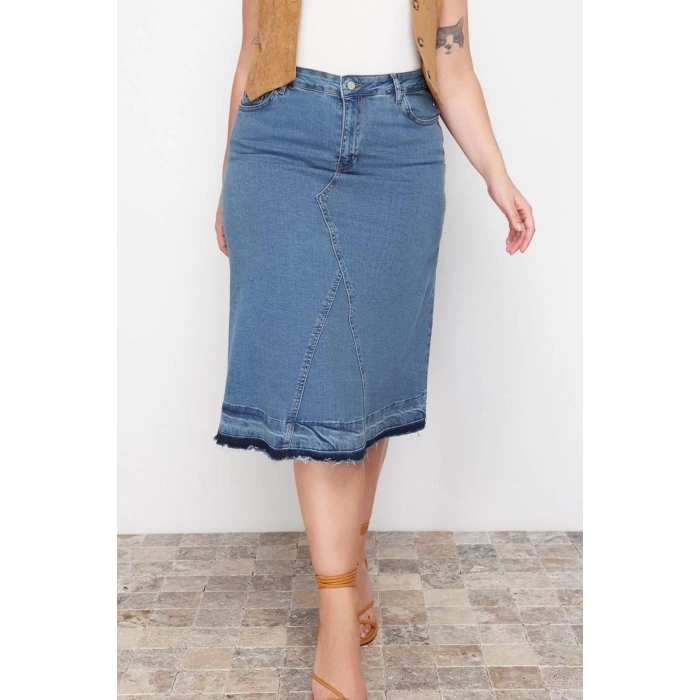 Fashion Plus Size Regular Plain Pattern Casual Midi Length Color Block Denim Skirt