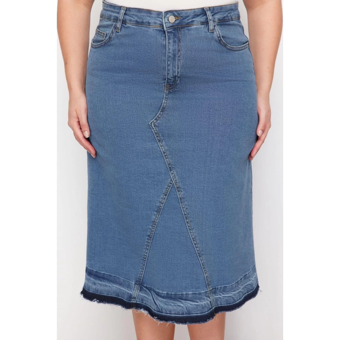 Fashion Plus Size Regular Plain Pattern Casual Midi Length Color Block Denim Skirt