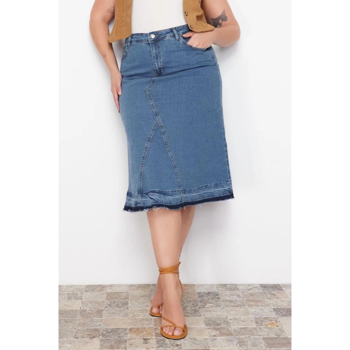 Fashion Plus Size Regular Plain Pattern Casual Midi Length Color Block Denim Skirt
