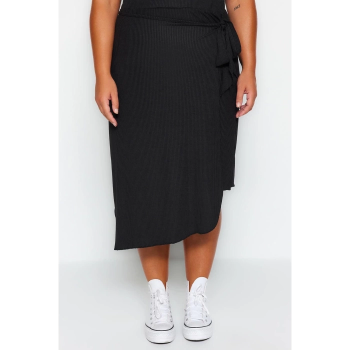 Fashion Plus Size Relaxed Plain Pattern Casual Midi Length Wrap Side Tie Knitted Skirt