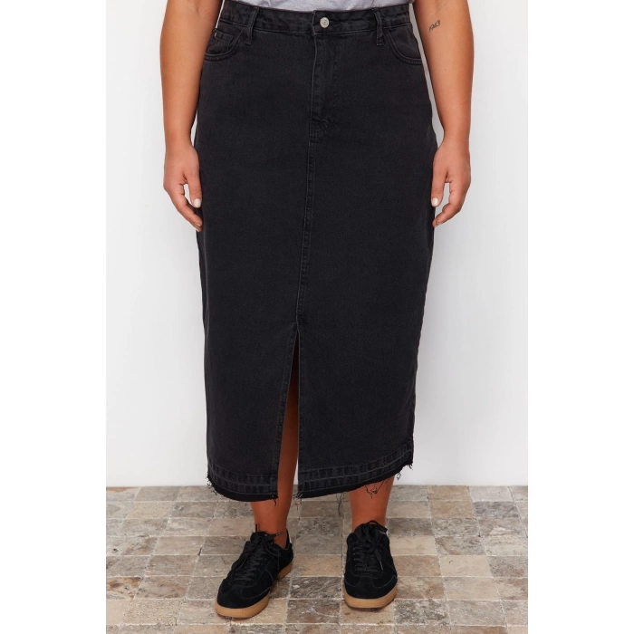 Moda Büyük Beden Regular Düz Desen Günlük Midi Boy Denim Büyük Beden Etek