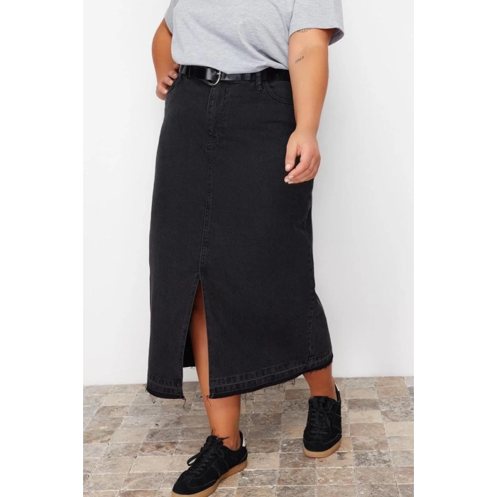 Moda Büyük Beden Regular Düz Desen Günlük Midi Boy Denim Büyük Beden Etek