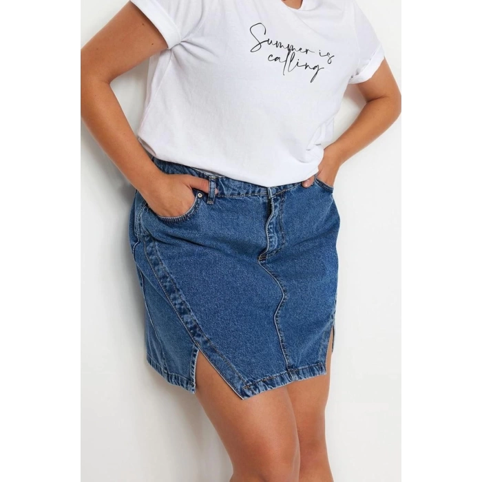 Fashion Plus Size Regular Plain Pattern Casual Mini Double Slit Denim Skirt
