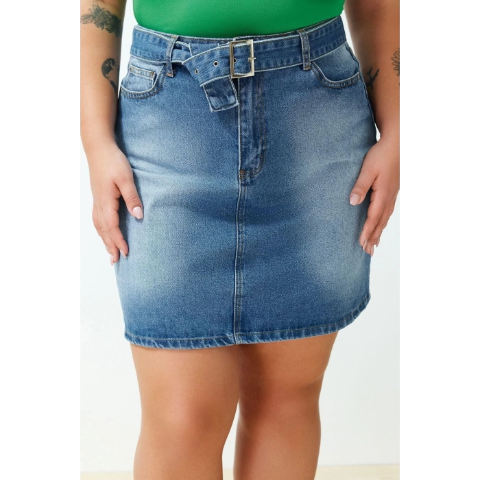 Fashion Plus Size Regular Plain Pattern Casual Mini Length Belted Mini Denim Skirt
