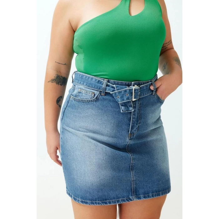 Fashion Plus Size Regular Plain Pattern Casual Mini Length Belted Mini Denim Skirt