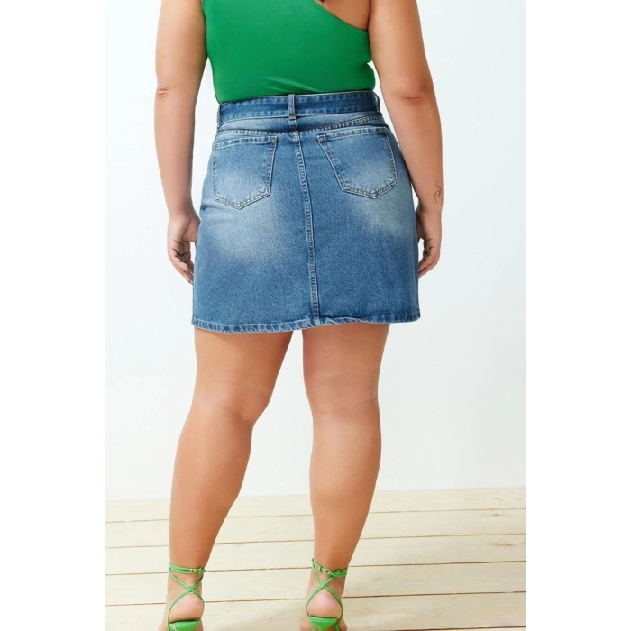 Fashion Plus Size Regular Plain Pattern Casual Mini Length Belted Mini Denim Skirt