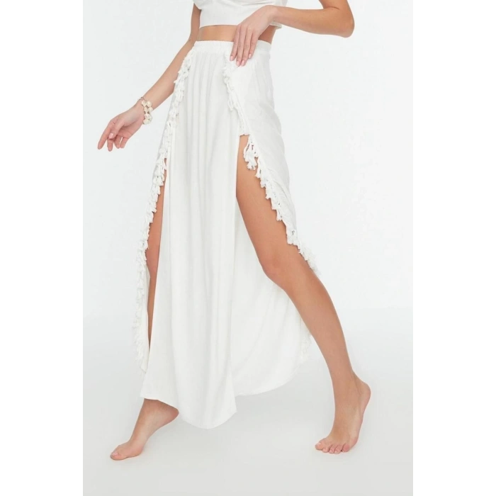 Moda Yırtmaçlı Düz Desen Plaj Maxi Boy Haki Maxi Dokuma Püsküllü Etek