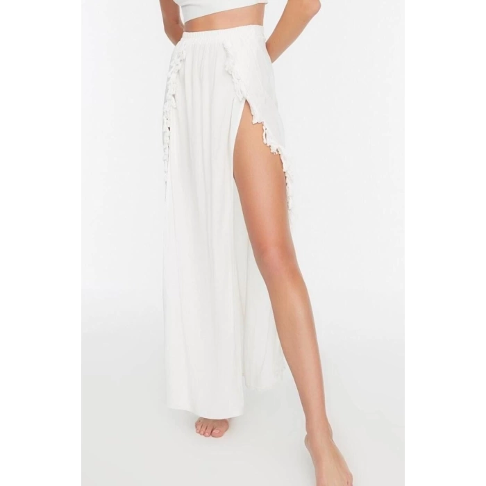 Moda Yırtmaçlı Düz Desen Plaj Maxi Boy Haki Maxi Dokuma Püsküllü Etek