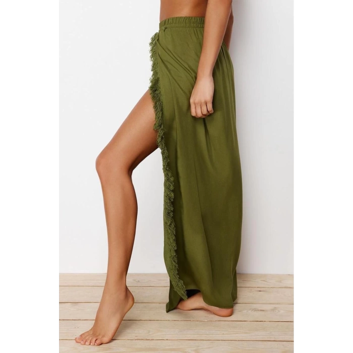 Moda Yırtmaçlı Düz Desen Plaj Maxi Boy Haki Maxi Dokuma Püsküllü Etek