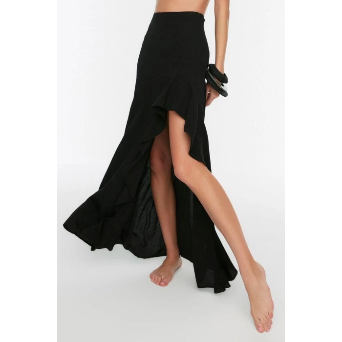 Fashion Slit Plain Pattern Beach Maxi Length Maxi Woven Flounce Skirt