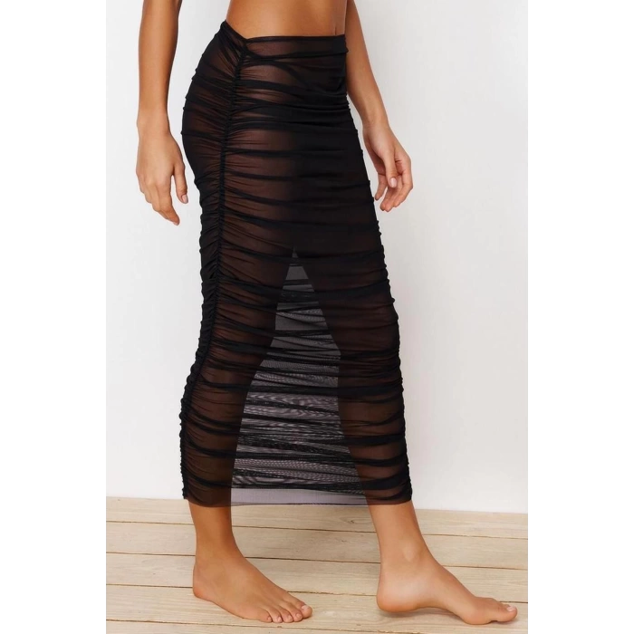 Moda Regular Plain Pattern Beach Midi Length Black Body-Fitting Maxi Knitted Draped Mesh Skirt