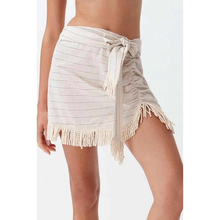 Moda Regular Çizgili Desen Plaj Mini Boy Çizgili Dokuma Püsküllü Keten karışımlı %100 Pamuklu Etek