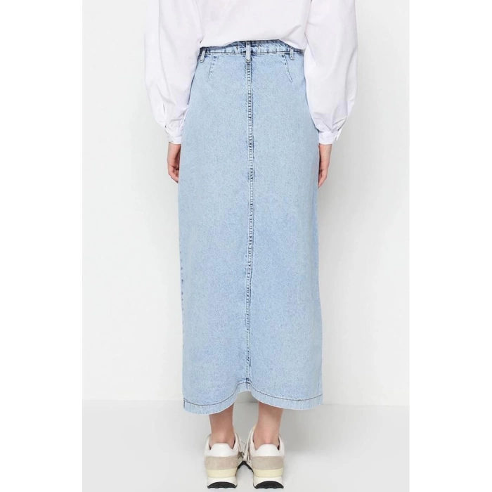 Fashion High Waist Plain Pattern Casual Maxi Length Dark Indigo Double Pocket High Waist Denim Jeans Skirt