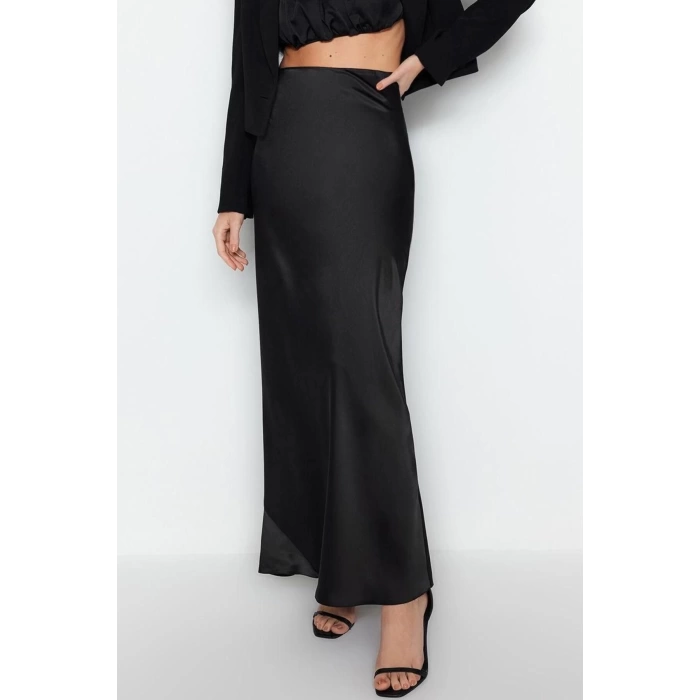 Fashion Fitted Plain Pattern Chic Night Maxi Length Woven Satin Long Skirt