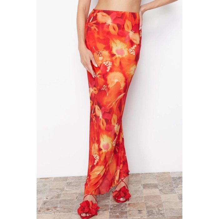 Fashion Fitted Floral Pattern Chic Night Maxi Length Lined Knitted Tulle Skirt