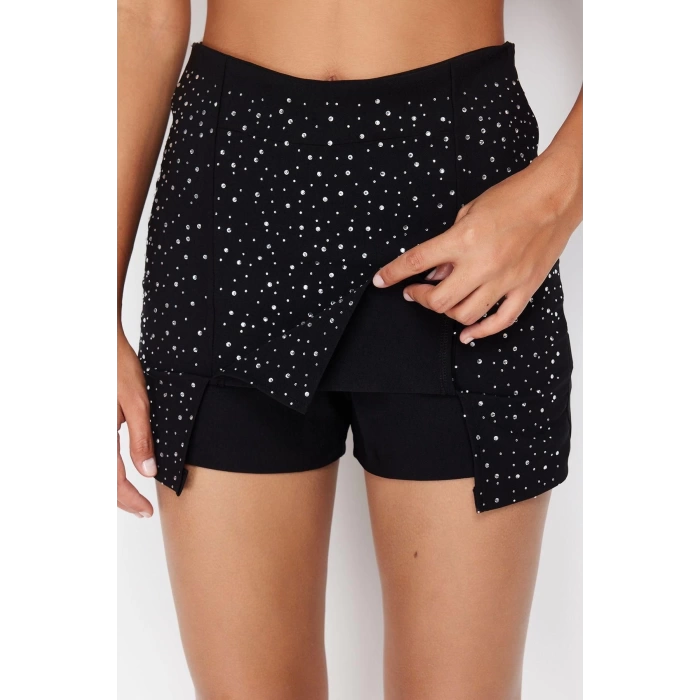 Fashion Fitted Plain Pattern Stylish Night Mini Length Shiny Stone Woven Short Skirt