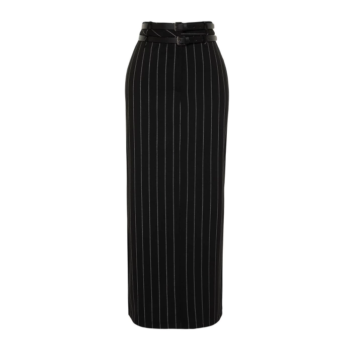 Fashion Fitted Striped Pattern Chic Night Maxi Length Limited Edition Striped Belted Woven Long Skirt