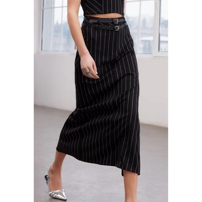 Fashion Fitted Striped Pattern Chic Night Maxi Length Limited Edition Striped Belted Woven Long Skirt